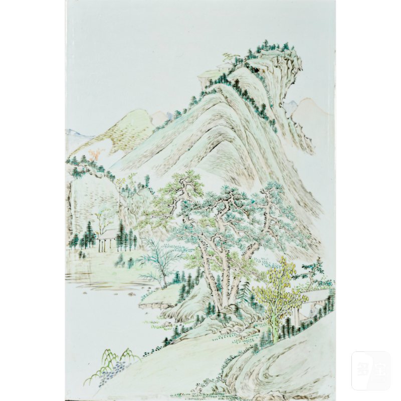 清光绪 浅绛彩通景山水巨幅瓷板